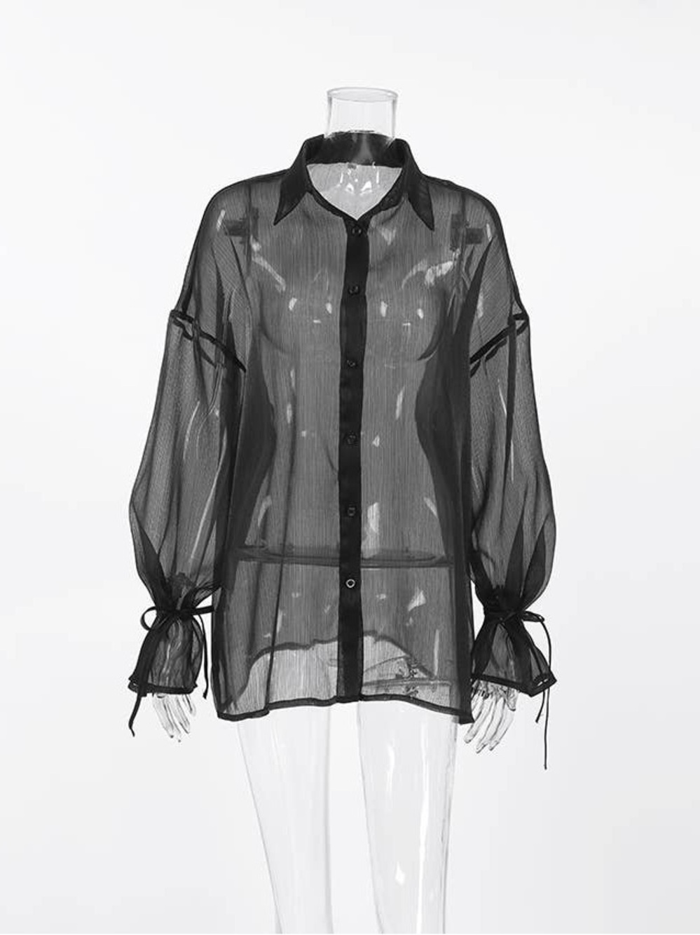Sheer Black Button-Up Women's Blouse - Picture 3 of 8